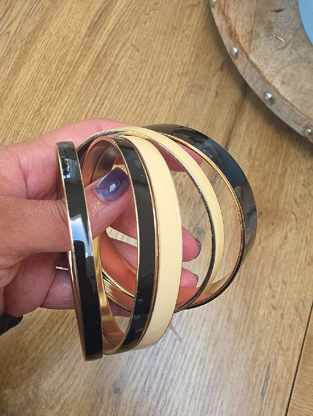Set of Gold-Tone Black and Cream Enamel Bangle Bracelets
